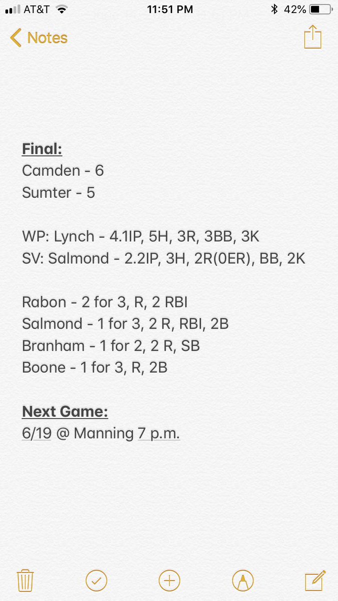 P17Baseball's tweet photo. Final:
Camden - 6R, 6H, 2E
Sumter - 5R, 8H, 3E

The 17ers sweep the P15’s to improve to 9-2 on the season and 6-1 in league play. 

@jaylynch27 @_Bsal24 @noahrabon8 @ZacBranham @joshboone_ 

#GetInYour💰 https://t.co/ih308TVdhu