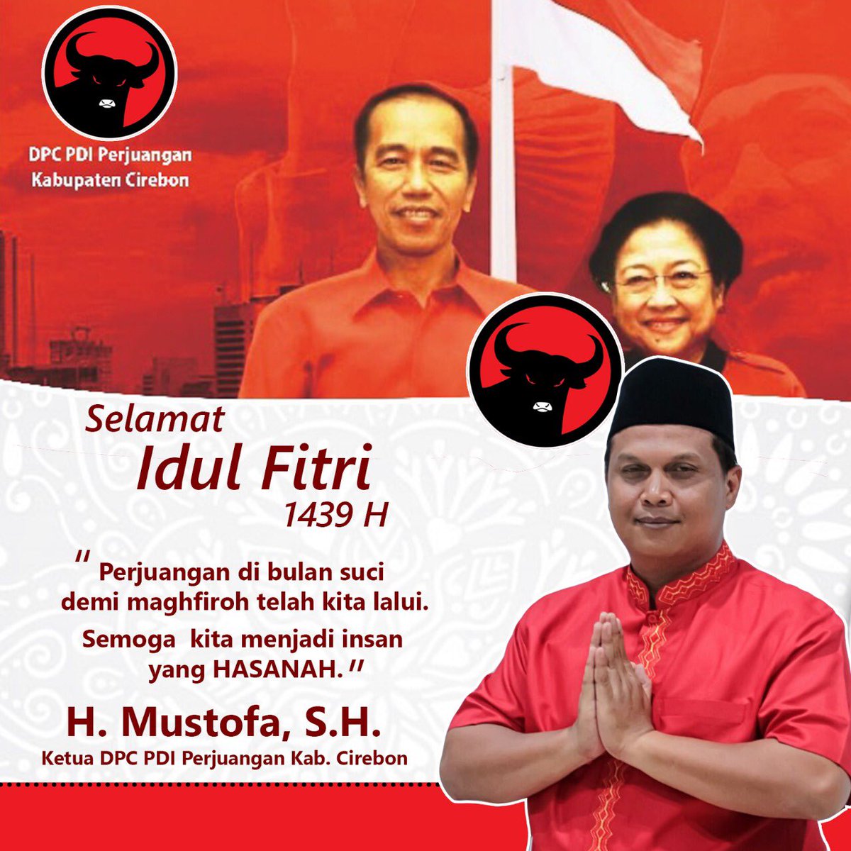 PDIPkabcirebon's tweet photo. Seluruh keluarga besar DPC PDI PERJUANGAN KABUPATEN CIREBON mengucapkan Selamat Idul Fitri 1439 Hijriah. Minal Aidin Walfaidzin, Mohon Maaf Lahir Batin. https://t.co/kXqn3LQI5s
