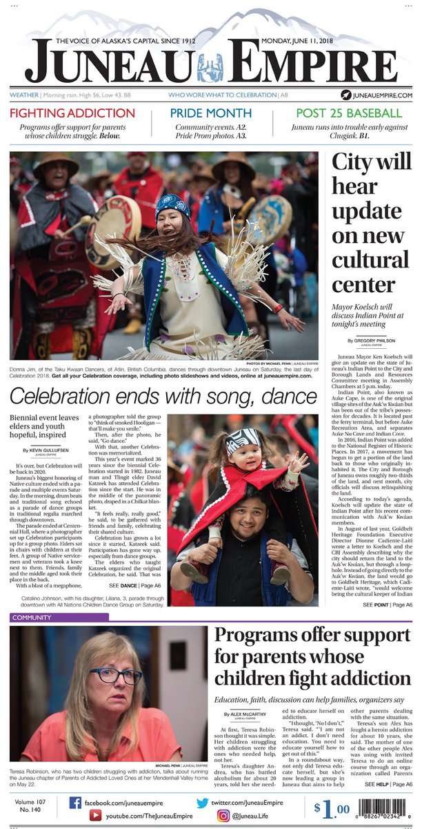 JuneauEmpire's tweet photo. Celebration 2018 has come and gone, but we are still reeling from all the good vibes! Here were some our A1s this past week. Do you have a favorite? #Cele2018 https://t.co/pyPcjqgqbJ