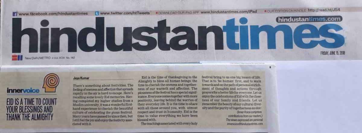 ArMohitKumar's tweet photo. Happily sharing the article written by my wife Dr. Jaya Kumar 'Eid is a time to count your blessings and Thank the Almighty' published in today's Hindustan Times newspaper- 'Inner Voice' Column, Pg 14...Best Wishes and Regards..Ar. Mohit Kumar.. https://t.co/tXlrUqQQKU