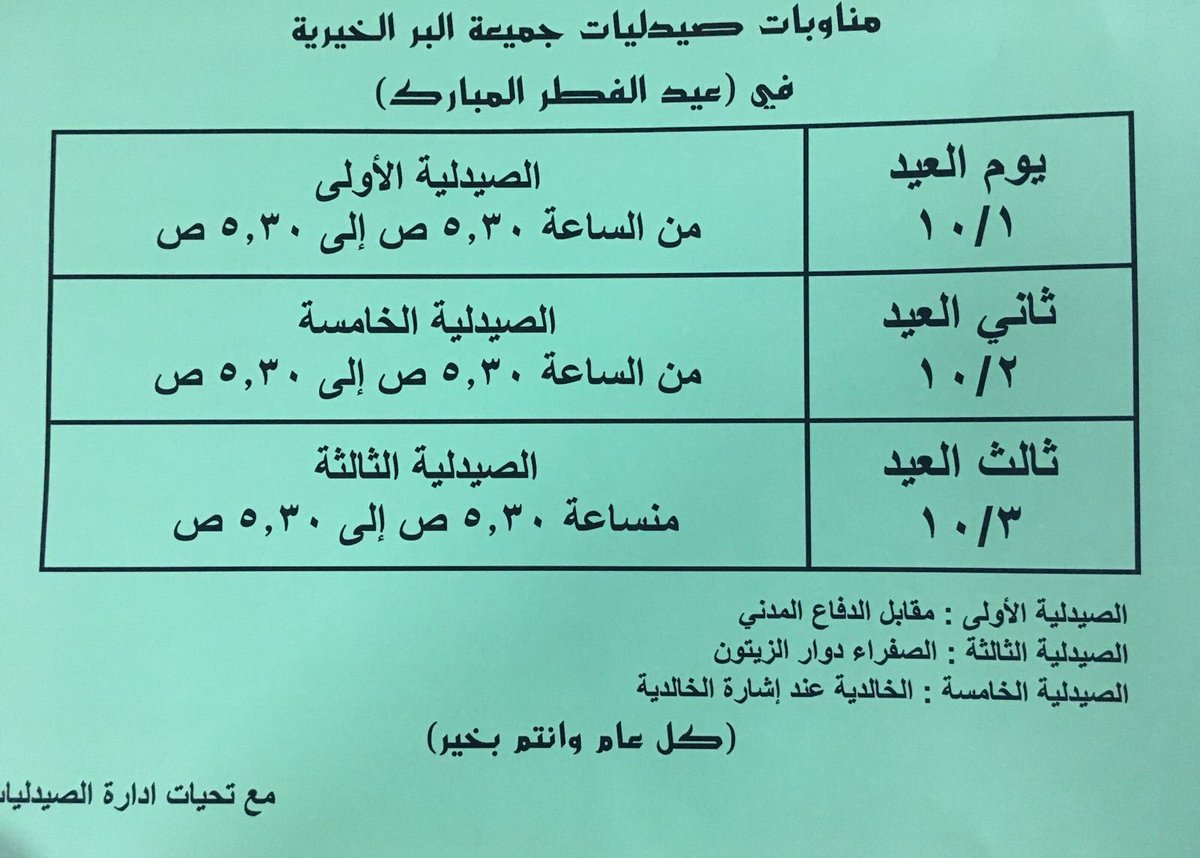 فترة الدوام لصيدليات جمعية البر الخيرية في أيام العيد .
كل عام وانتم بخير .