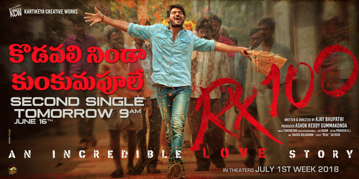 eshwarande1's tweet photo. Second Single #KodavaliNindaKumkumapoole from #RX100 will be out Tomorrow 9am .Starring @ActorKartikeya and @starlingpayal , Directed by @DirAjayBhupathi , Produced by @AshokGummakonda . . Music by @chaitanmusic. Poster Design by: #EshanDesign https://t.co/FW11K04nfO