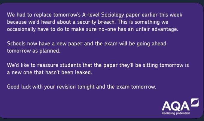 Dear AQA, 

Really disappointed with your security breach, maybe you should learn from your textbook that you should have more gatekeepers to potentially stop people getting in and getting out. Truth. 🙄 #aqasociology #ethicalissues