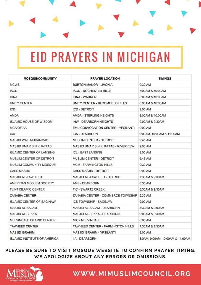 Eid Mubarak!
Alhamdulillah. Today we get to celebrate how we've been granted another Ramadan. As sad as we are to see it go, we pray that its fruits manifest in our daily lives outside of this month, iA. Below, you can find a great resource from MMCC with local Eid salat times!