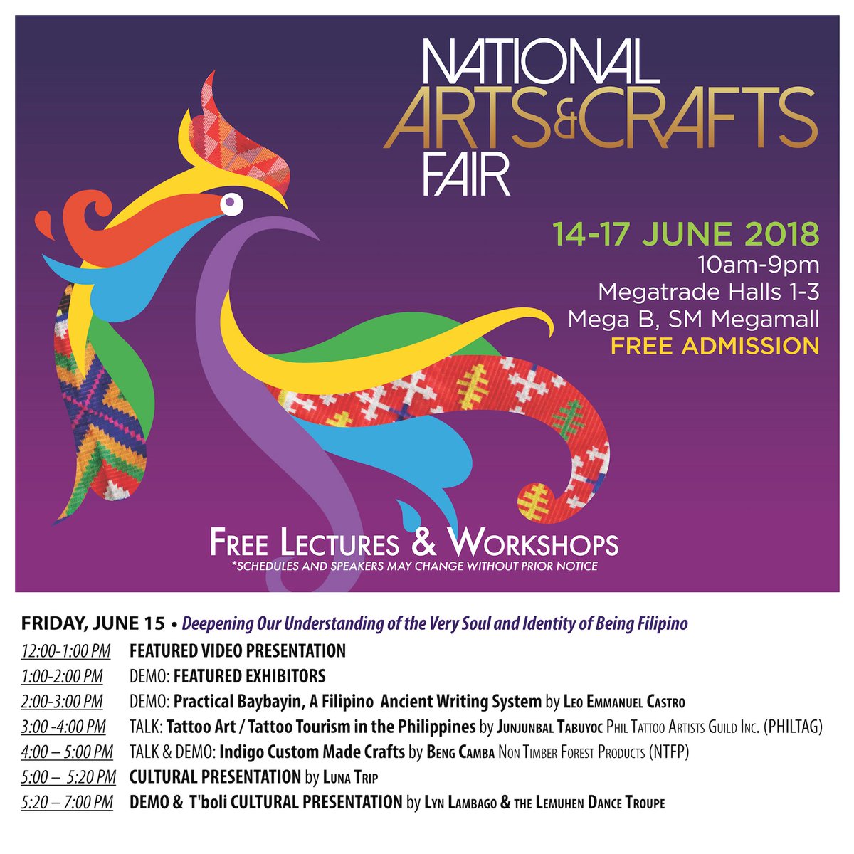 loren_legarda's tweet photo. Today’s schedule of activities at the 2018 National Arts and Crafts Fair in @smmegamall #MegatradeHall. Please visit! https://t.co/C6iImXX7V1