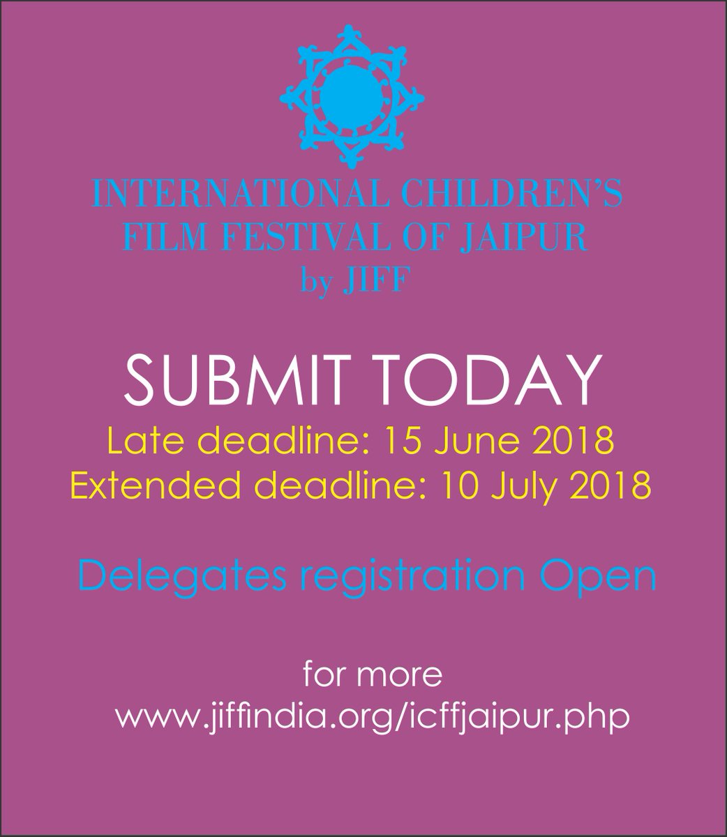 International Children's Film Festival of Jaipur - ICFF Jaipur
Late deadline: June 15th, 2018
SUBMIT TODAY
Extended deadline: July 10th, 2018
Welcome to jiffindia.org/icffjaipir.php