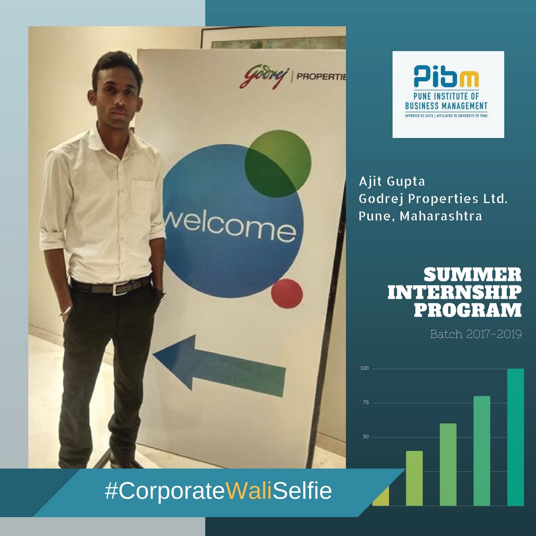 PunePIBM's tweet photo. Ajit Gupta is nothing if not self-motivated. This PIBMian is now pursuing his #SummerInternship at Godrej Properties Ltd. & learning the trade from top-notch business leaders
WE WISH YOU ALL THE LUCK & SUCCESS!!!
#CorporateWaliSelfie #PIBMSIP #MastersWithPIBM #PIBMPune https://t.co/nfF8UFScEG
