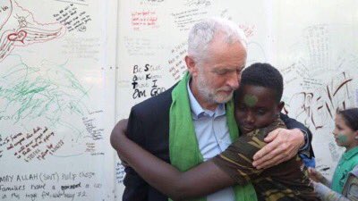 While Theresa May dined with the bankers of Europe yesterday, Jeremy Corbyn was doing this. #GreenForGrenfell