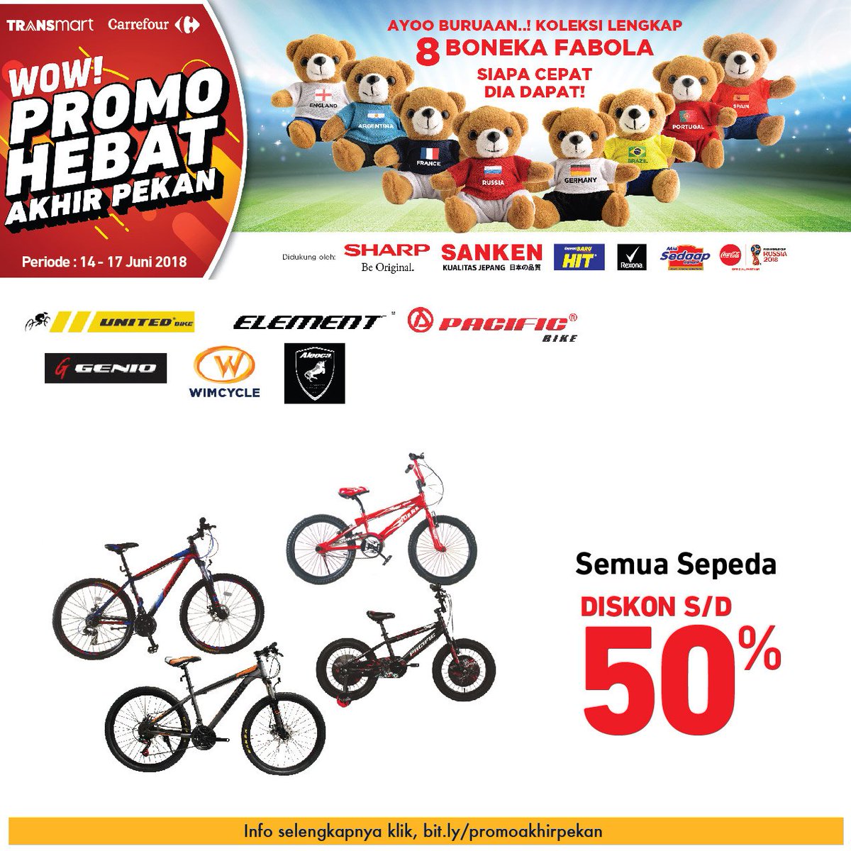 Transmart_IND's tweet photo. W.O.W! Ada DISKON HINGGA 50% semua sepeda di #PromoHebatTransmartCarrefour yang sangat pantang dilewatkan promonya. Ayo, bergegas segera ke gerai terdekat Anda!

Harga mulai Rp 102.900. Periode promo 14-17 Juni'18. Lihat promo selengkapnya di https://t.co/BweMU7Kwwk #PromoSepeda https://t.co/OfMRaiJeWJ