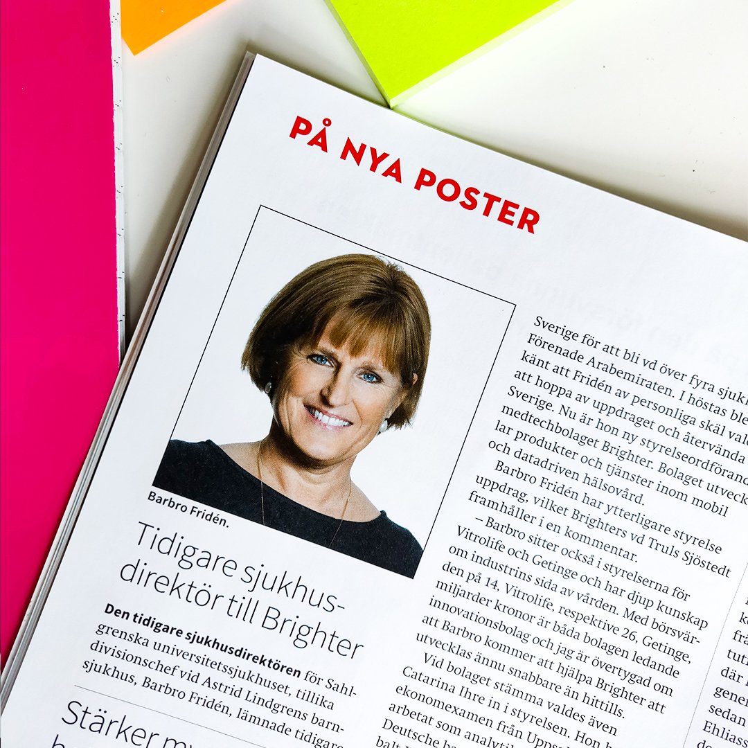 BrighterInnov's tweet photo. We are happy to see Barbro Fridén in the latest issue of @MedTechMagazine where they write about her appointment as new chairman of Brighter. #medtechmagazine #medtech #Brighter https://t.co/3AVc2EDBwq