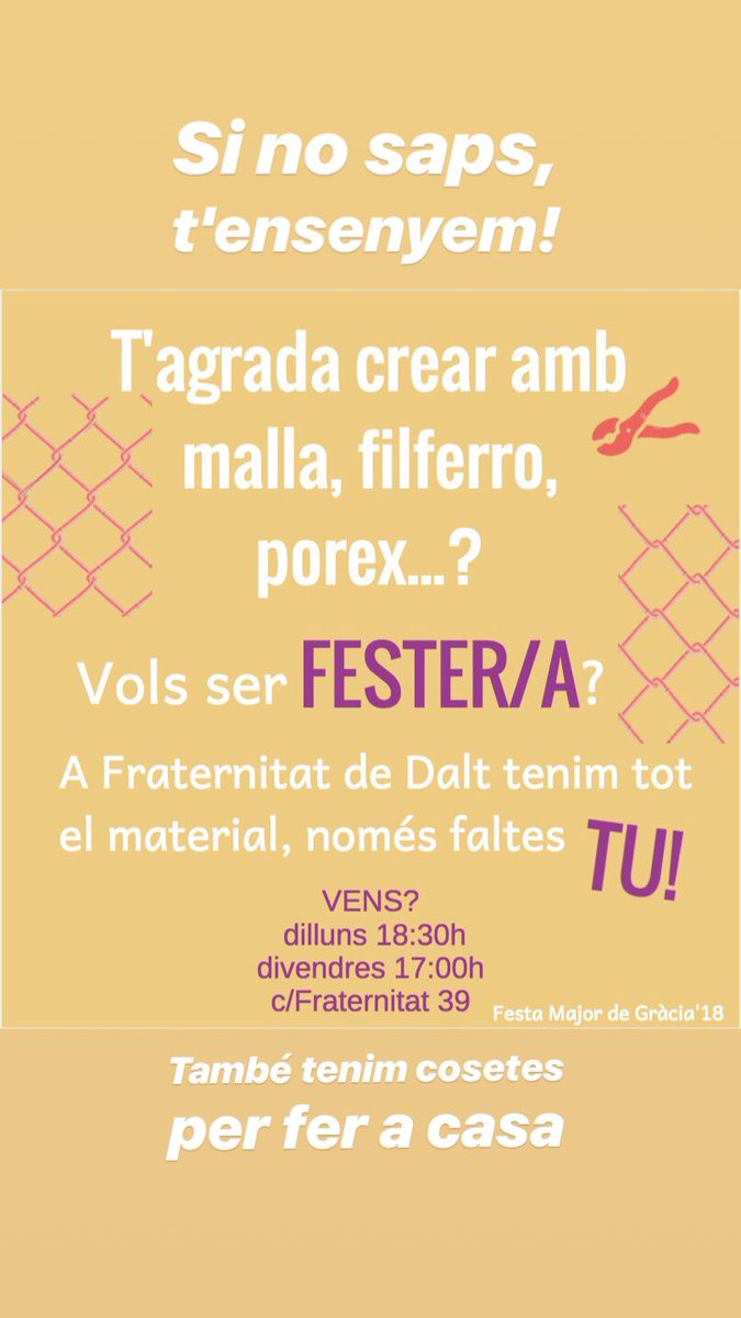 fraternitatdd's tweet photo. Ens veiem aquesta tarda!!! Entre tots i totes fem Festa Major! 🎉
#fraternitatdedalt #fratern #gràcia #fester #festera #vullserfester #vullserfestera #socfester #socfestera #socfesteraFratern #socfesterFratern #FMGràcia #festamajorgràcia #femgràcia #femgracia #guarnit #reciclatge https://t.co/2Xb3wzu2TV