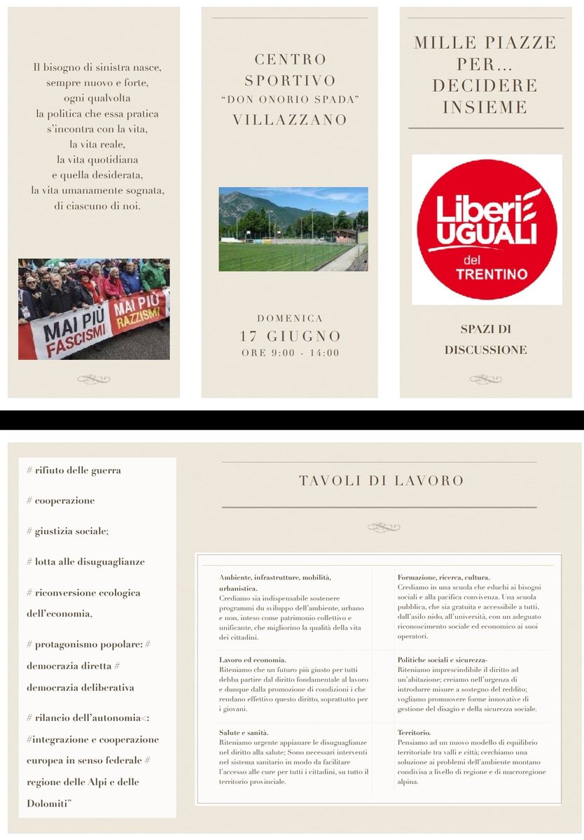 eVivaTrentino's tweet photo. #ASSEMBLEAPROVINCIALE "#MillePiazze per...#decidereinsieme" DOMENICA 17 GIUGNO 2018 ORE 9:00/14:00 c/o Centro Sportivo "Don Onorio Spada" VILLAZZANO - #TRENTO #fasecostituente aperta e democratica #tavolidilavoro #LeUTN #SlowFoodTrento @TN_WineTour #ForumPace #AgricolturaTrentino https://t.co/X70RZgBcrz