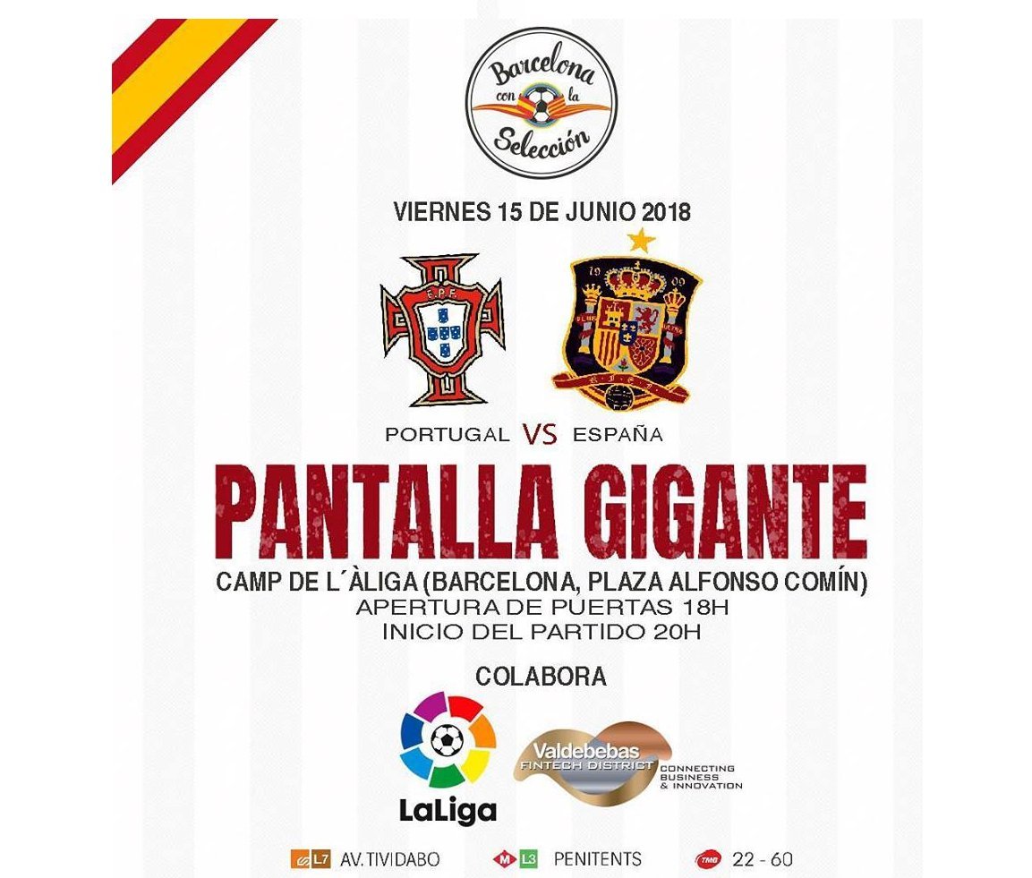 A pesar de las amenazas y las agresiones, los jóvenes de @BCNconSeleccion lo han conseguido. Este viernes tarde pantalla gigante en #Barcelona para ver el partido de España contra Portugal. En el campo de fútbol de l'Aliga. 18 h. #VamosEspaña 🇪🇸🇪🇸