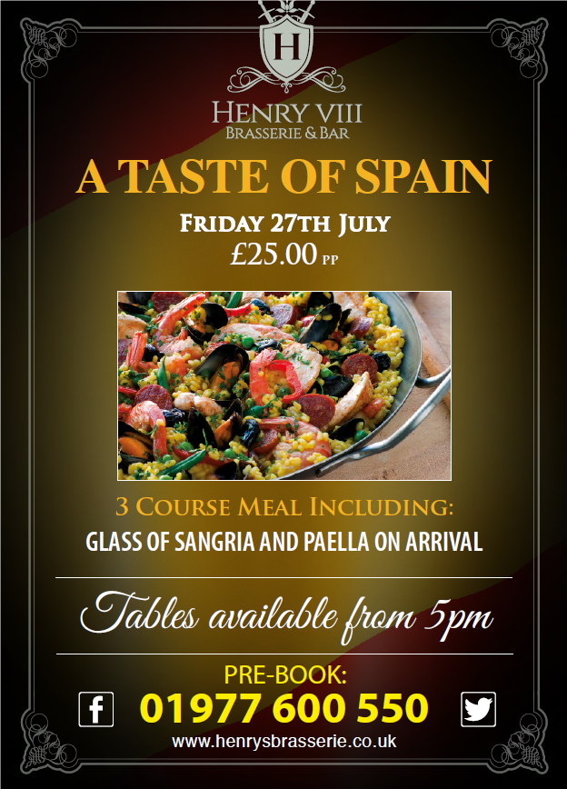 KingsCroftHotel's tweet photo. Spanish Night is coming to @henrysbrasserie  27th July To Book Call 01977 600550 #spanishnight #foodoffer #pontefract https://t.co/ERgSrCwhfu