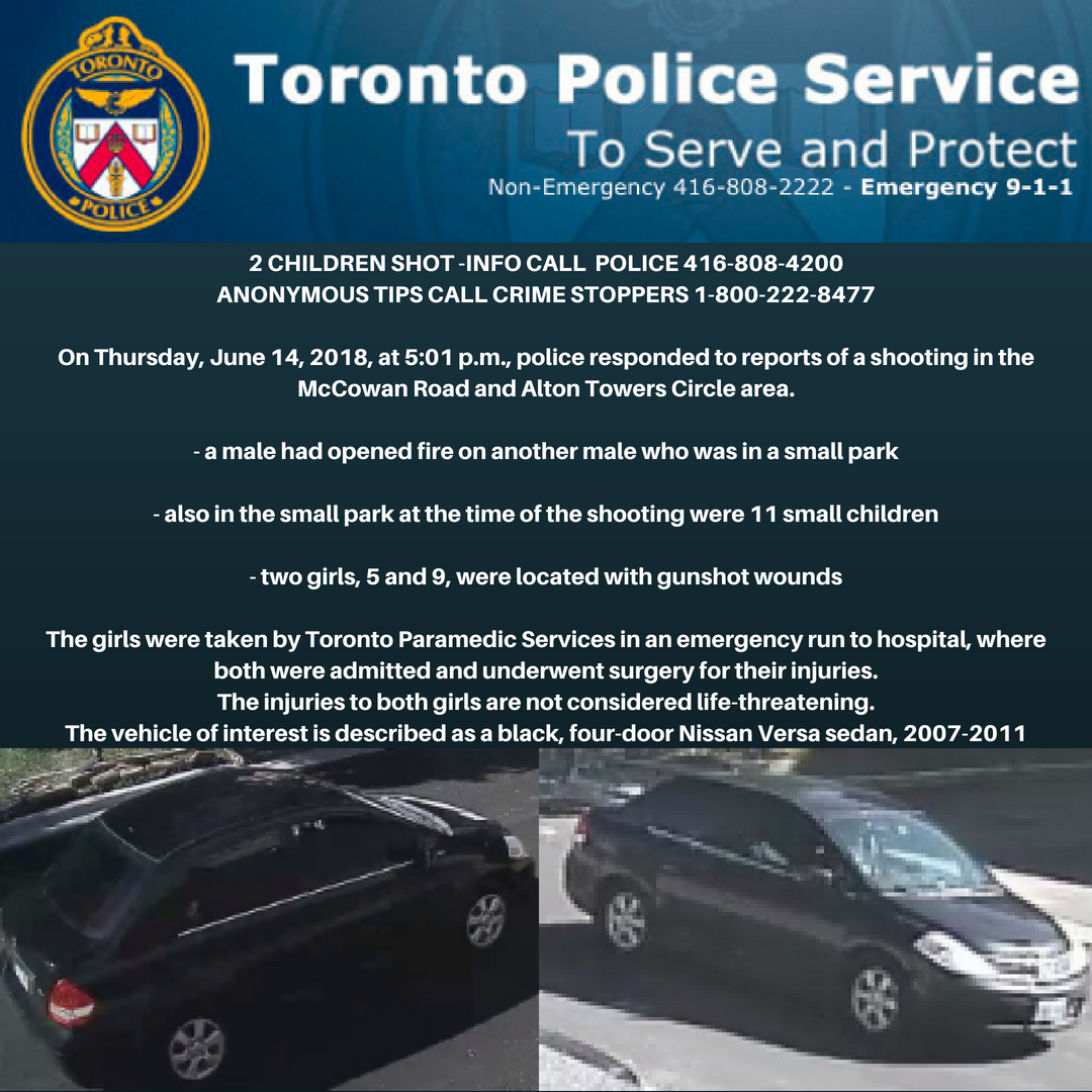 TorontoPolice's tweet photo. 2 CHILDREN SHOT-Vehicle/Suspect(s) to ID~Info call police 416-808-4200~Anonymous tips Crime Stoppers 1-800-222-8477~Thurs Jun14/2018 5:01pm police responded to reports of a shooting at McCowan Rd Alton Towers Circle area~2 girls aged 5 & 9 shot~11 children in park at time ^sm https://t.co/mViWBENx2t