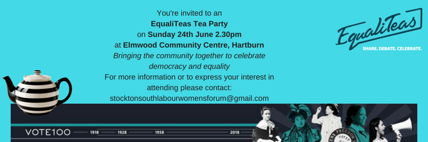 JoTee76's tweet photo. #equaliteas tea party Sunday24th June, Elmwood Community Centre Hartburn #StocktononTees 2.30pm-5.30pm Free to enter though donations for refreshments welcome. Raffle supporting local charities.  All welcome. Celebrating 90 years of The Representation of The People Act 1928. https://t.co/mbiqcDjymU