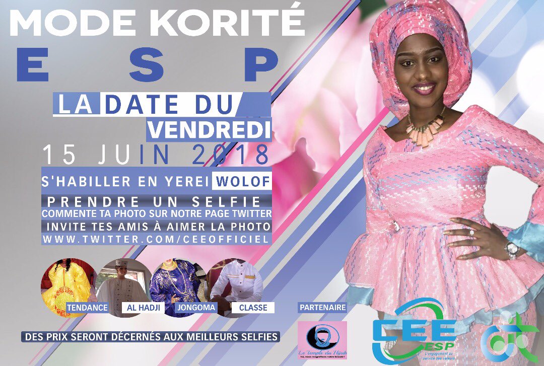 ceeofficiel's tweet photo. 💖💖 MODE KORITE ESP💖💖
Pour y participer, rien de plus facile😊, commente la publication avec ton SELFIE🤳🏼🤳🏼 en tenue traditionnelle 👲🏼🧕🏼
La photo qui aura le plus de j'aimes gagnera la compétition 😍😍😍
☪Sponsor : TEMPLE DU HIDJAB☪
#modekorite #espdakar #Kebetu https://t.co/pdTRkFxaHB