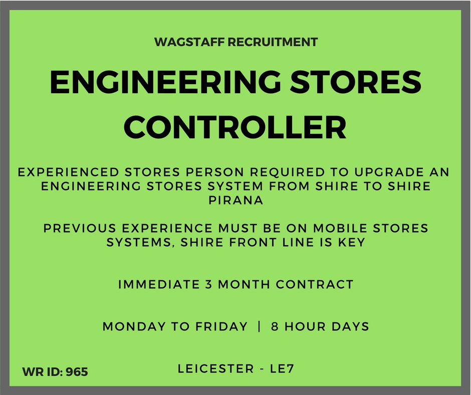 rwrecruitment's tweet photo. Organised & experienced Stores Controller required. Must be IT literate and have strong communication skills. Please call us on 01543471732 #Leicesterjobs #jobinLeicester #Leicestershire #engineering #engineeringstores #storescontroller #shiresytem #jobs #newjob #jobopportunity https://t.co/THxydKm1Gc