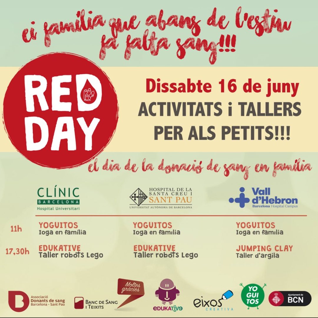 donarsang's tweet photo. El #RedDayBcn és el dia per #donarsang en família 👨👩👦👦👩👩👦👨👨👧👦 El celebrem demà a tres hospitals de #Barcelona i és el pla perfecte per gaudir del dissabte: ioga, tallers de robots i argila, música... I donacions de sang! Veniu!!! 👏🏻👏🏻 https://t.co/LFM0z6ifTY