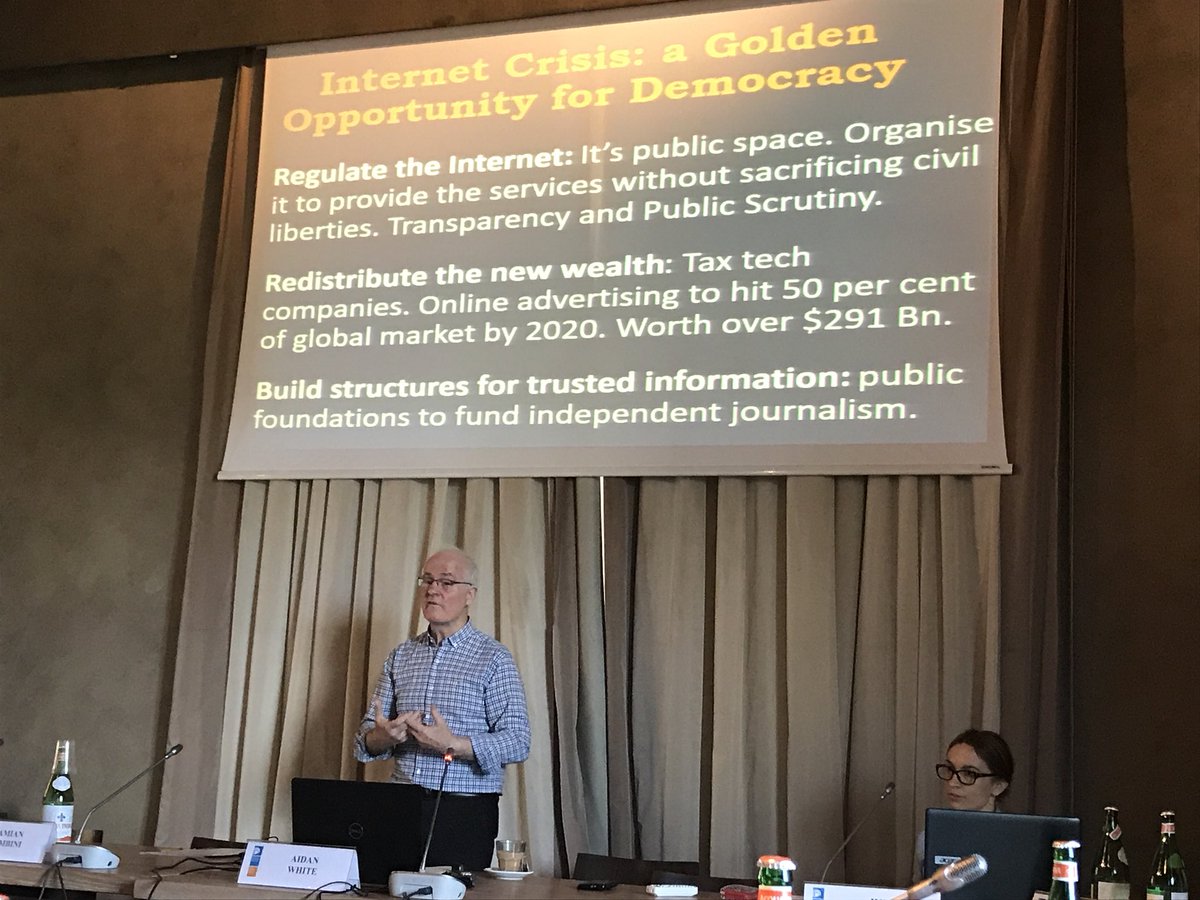 LinaRusch's tweet photo. A strong plea by @aidanpwhite for more #regulation of the digital public sphere - from the viewpoint of ethical journalism & more importantly, society in general. #CMPF18 @CmpfEui https://t.co/RHLBSl81B7
