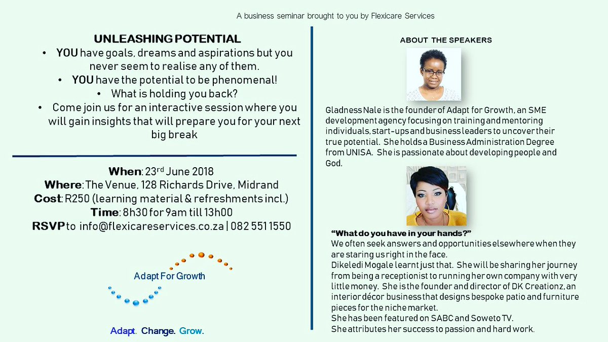 naleg's tweet photo. COUNTING DOWN #unleashingpotential. Buy your ticket today. RSVP to info@flexicareservices.co.za | Whatsapp 0825511550 https://t.co/AAtii2iNvH