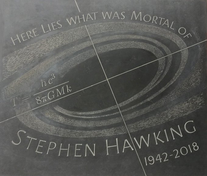 Memorial stone to Stephen Hawking, which reads 'Here Lies What Was Mortal of Stephen Hawking 1942-2018'