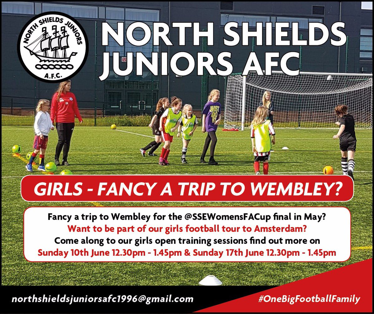 NSJAFCdev's tweet photo. Girls. 
How about-
playing football,
having a great laugh,
going to Wembley for the FA Cup Final,
going to Amsterdam for a football tour, improving your football skills,
brand new strips and training kit,
How about North Shields Juniors?
Teams
u8-u10
u11-u14
u15-u16

#thisgirlcan https://t.co/Crb58R0UFh