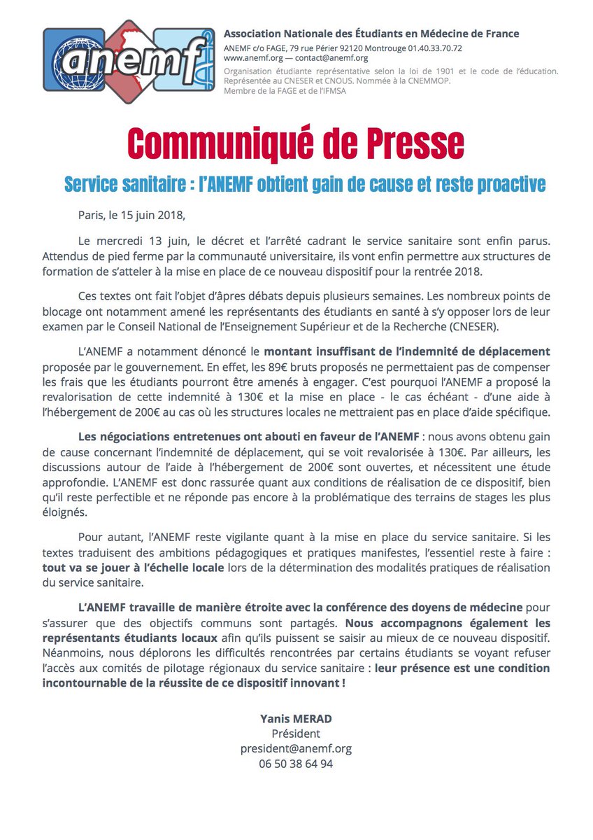 ANEMF's tweet photo. 📋 #Communiqué de #presse 📋
L’@ANEMF a obtenu gain de cause au sujet du #Service_Sanitaire !
Nous restons proactifs : les éléments de cadrage locaux seront déterminants pour la réussite de ce dispositif innovant ! https://t.co/hPh2yc2iKY