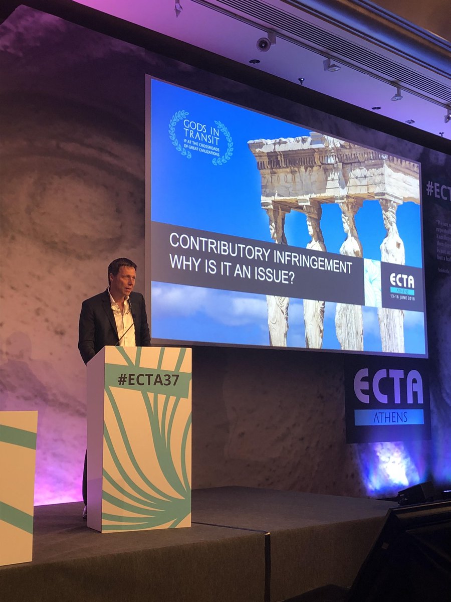 LXAthelawfirm's tweet photo. Gie van den Broek from @LXAthelawfirm speaking about contributory infringement at the ECTA 2018 conference in Athens. @ECTABrussels #contributoryinfringement #ECTA2018 #ECTA37 https://t.co/66U8OvFx5c