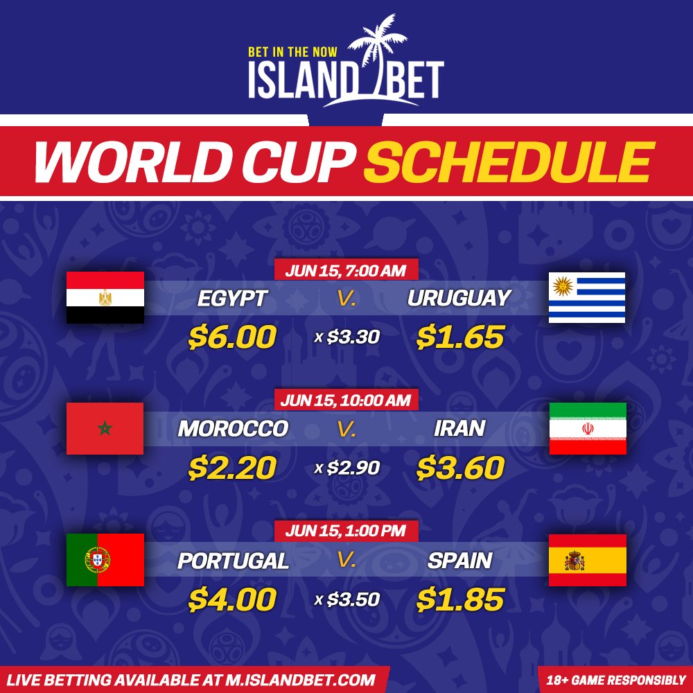 IslandBet's tweet photo. ⚽️⚽️ It‘s day 2️⃣ if the #worldcup and we have #Egypt vs #Uruguay at 7:00am, #morocco vs #iran at  10:00am, then #portugal vs #spain at 1:00pm. Click the link in our bio to register and bet! ⚽️⚽️ #Roadtorussia #fifaworldcup #worldcup2018 #islandbet https://t.co/bR7jW499hN