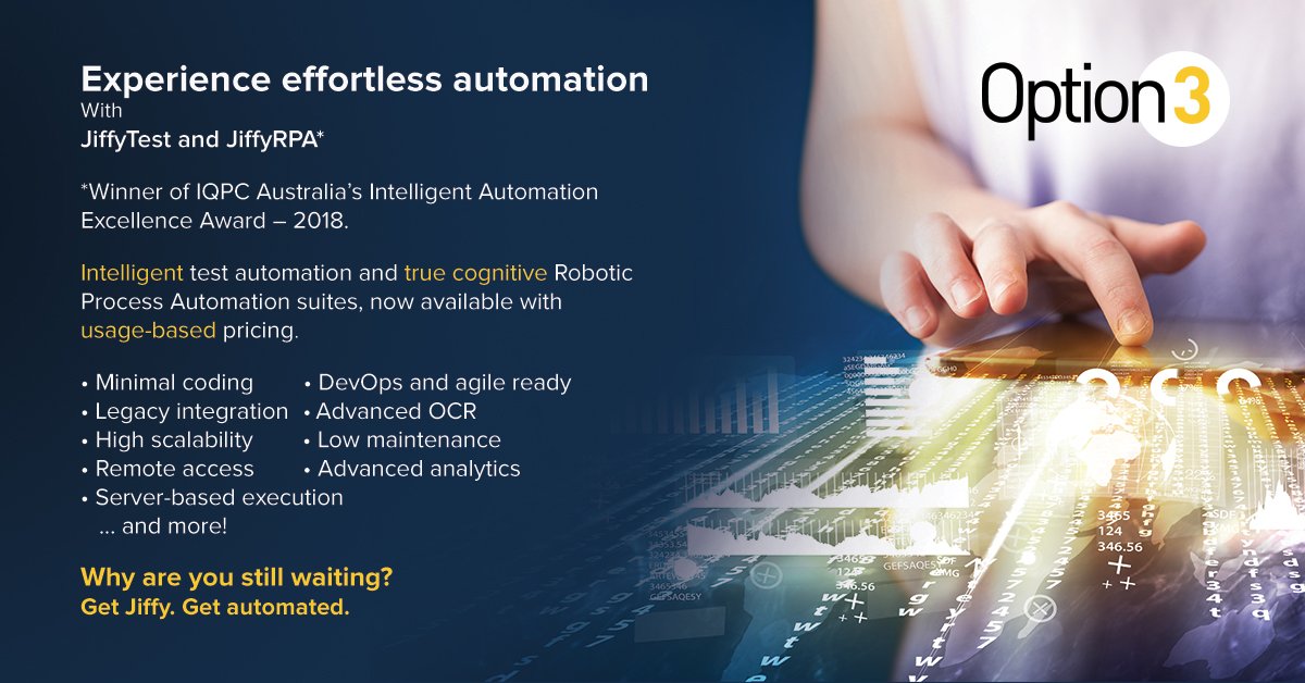 Option3_'s tweet photo. Intelligent test automation and true cognitive Robotic Process Automation suites, now available with usage-based pricing.
Visit: https://t.co/CgRcMeCr4F
#JiffyRPA #RoboticProcessAutomation #CognitiveRPA #IntelligentTestAutomation #IntelligentAutomation https://t.co/VbLwmg2i5O