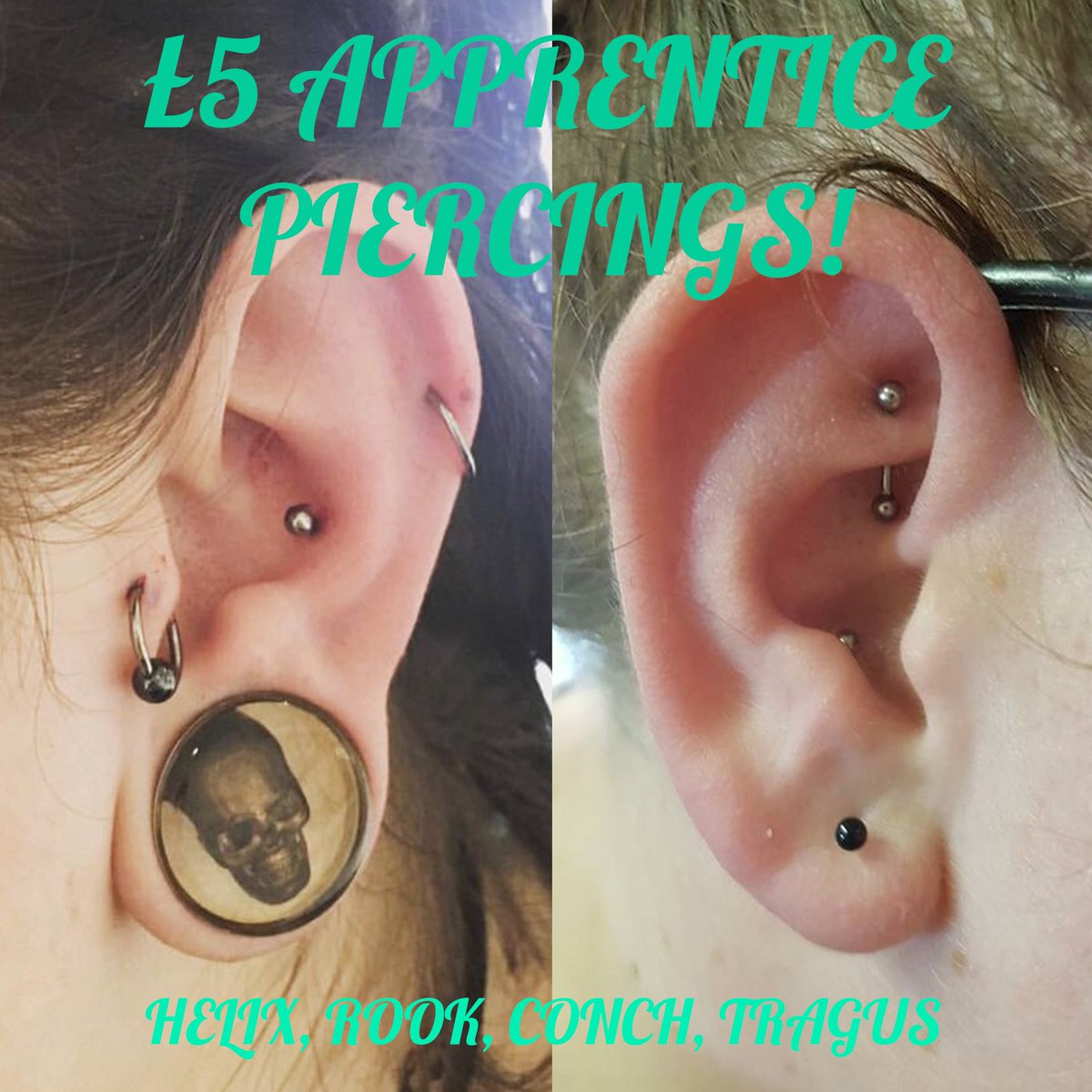 BKT_BURY's tweet photo. £5 APPRENTICE PIERCINGS ALL DAY! We have a limited quantity of helix, conch, tragus and rook piercings to give away at this special price 😀 https://t.co/Y26Gf5Z1Qu