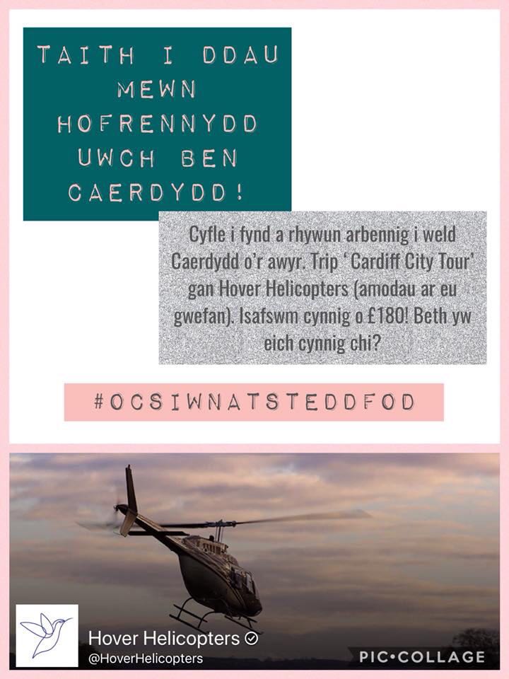 Wastad wedi meddwl sut ma #Caerdydd yn edrych o'r awyr? Cyfle am brofiad bythgofiadwy gyda <a href="/hoverhelis/">Hover Helicopters</a> - taith i ddau uwch ben y ddinas! Cysylltwch gyda'ch cynnig #ocsiwnatsteddfod