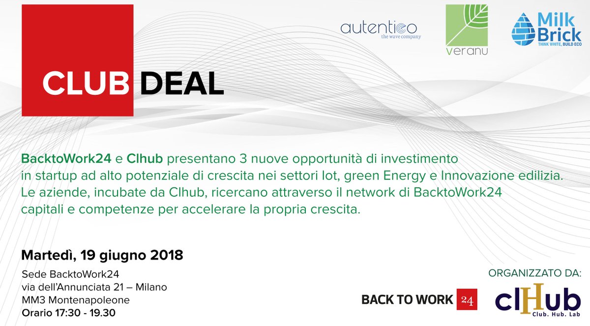 clhub_'s tweet image. 📢 @AutenticoIT, @Milk_Brick e @Veranu_eu aprono le porte a nuovi #investitori

📌Dalla partnership tra @BacktoWork24 e il nostro Venture Incubator nasce il prossimo evento #ClubDeal dedicato a tre #startup innovative del nostro portfolio.