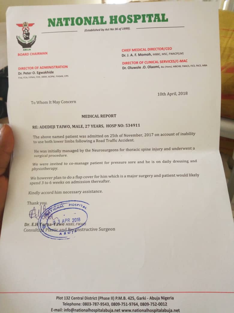 YemieFash's tweet photo. Hello TL, This is Taiwo Adedeji, he had an accident Last year November which affected his spinal cord, he has done the spinal cord surgery &amp; need to do another surgery, he has an outstanding bill of ₦1,004085 and needs ₦250,000 for the second surgery, let's help him. THREAD! https://t.co/Qo2MQozeqt