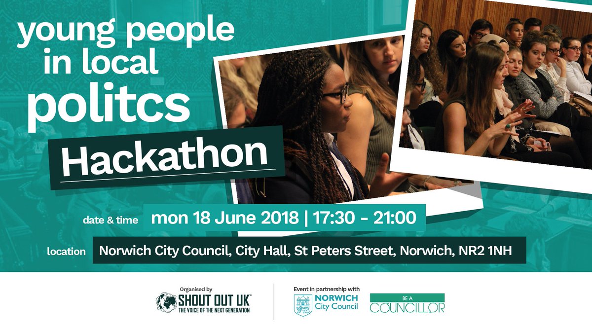 Shoutout_UK's tweet image. Join us on the 18th June in #Norwich for a Hackathon on how to get more young people into Local Politics with @NorwichCC and the @beacouncillor! eventbrite.co.uk/e/young-people…