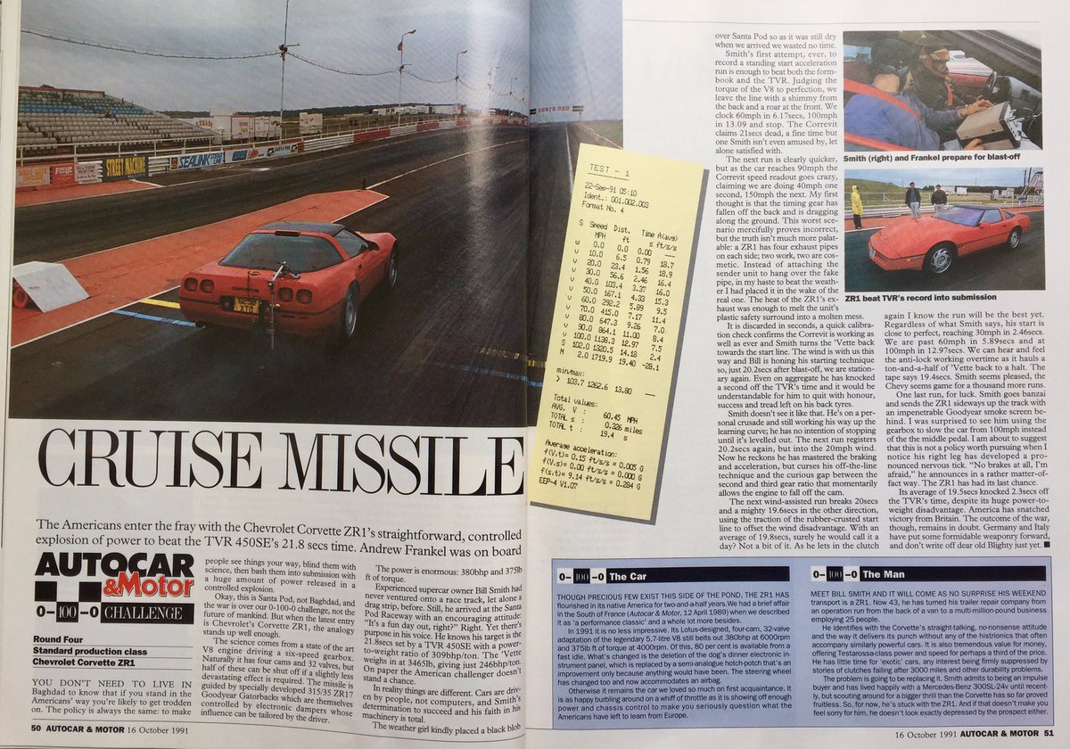 AutocarClassic's tweet photo. The Chevrolet Corvette ZR1 underwent @autocar's 0-100-0 mph Challenge at Santa Pod in 1991. A telling line in @Andrew_Frankel's article: "Power is enormous: 380bhp and 375lb ft". Compare that with today! #cars #Chevrolet https://t.co/YBldF5fT71