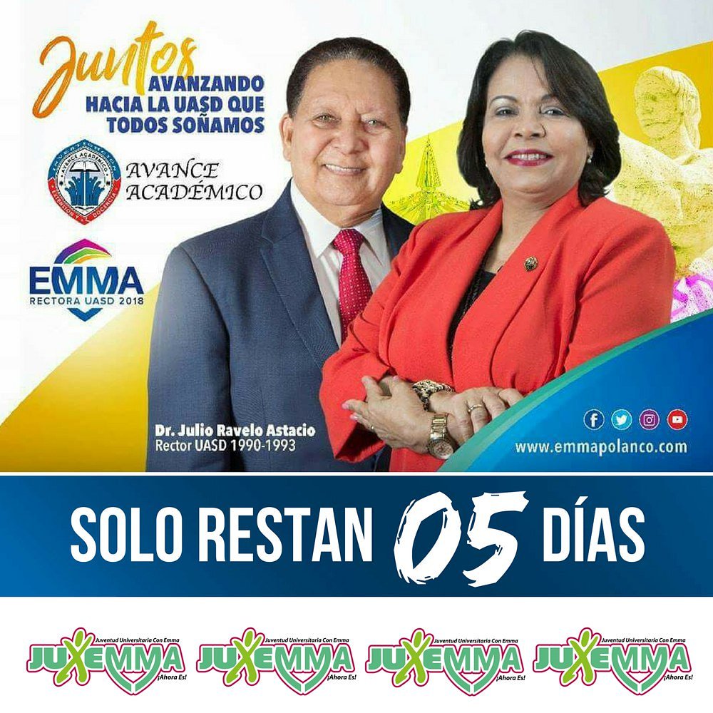 JuEmmaUASD's tweet photo. Se acerca la fecha decisiva para una UASD nueva y mejor.
¡La UASD que todos soñamos empieza ahora!
#5DíasEnPrimeraVuelta
#AvanceConEmma
#JuEmma https://t.co/yfQEgKUUkk