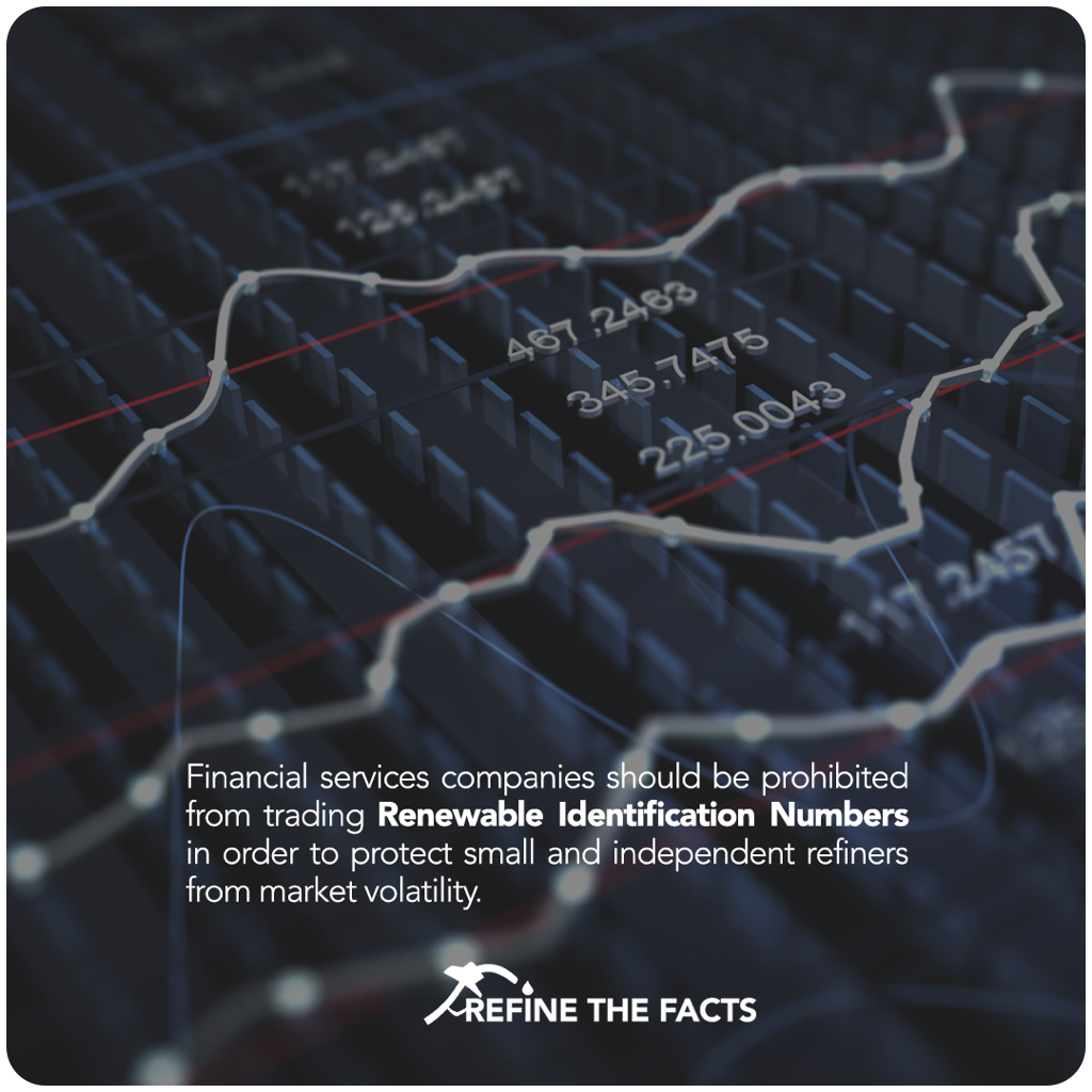 RefineTheFacts's tweet photo. Financial services companies aka 'speculators' should be prohibited from trading #RINs. Time to #ReformRFS and protect small and independent refiners from market volatility. #RefineTheFacts https://t.co/LFWJsqKfqa