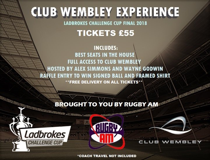 Rugby AM Challenge Cup Final Club Wembley Experience!

Tickets only £55 with FREE delivery 👌

Includes:
- Best seats in the house (choose your end) 
- Hosted by Alex Simmons and Wayne Godwin 
- Raffle entry to win signed ball and framed shirt

Tickets ➡ bit.ly/2LONeRr