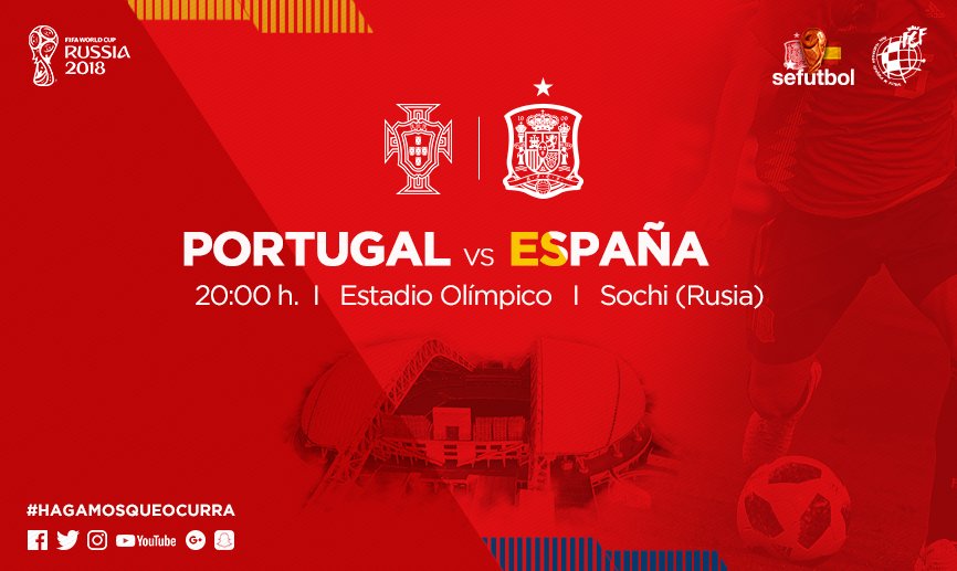 🚨 TODAY IS THE DAY!
🏆 #Rusia2018 
⚽ #POR - #ESP 
📺 <a href="/telecincoes/">Telecinco</a> 
🕗 8PM
📍 Sochi
 #⃣#HagamosQueOcurra
📰  bit.ly/preview15eng