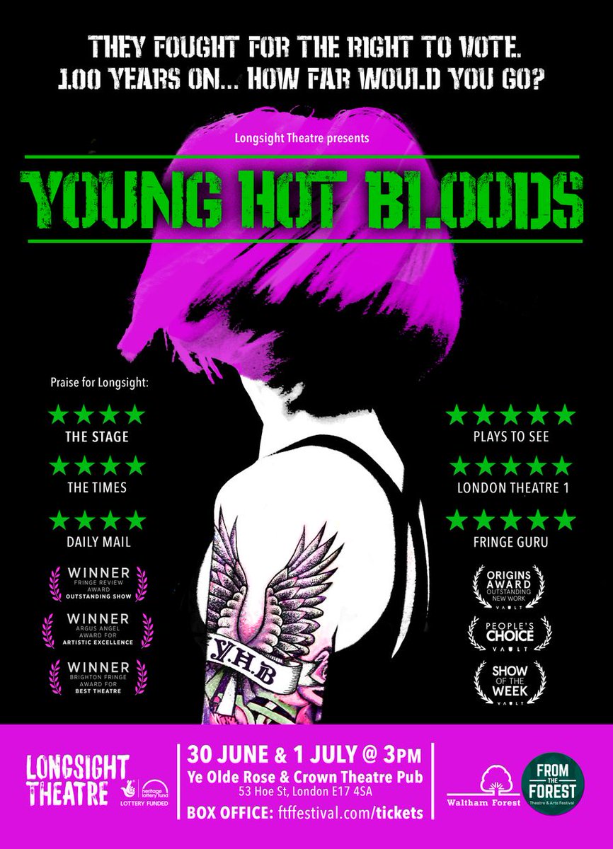 LBWFculture's tweet image. The award-winning @LongsightTC will be debuting their brand new play 'Young Hot Bloods' at Waltham Forest's @ftf_festival this month. Inspired by the centenary of (some) women’s right to vote. How far have we come? How far would you go? #mylocalculture
