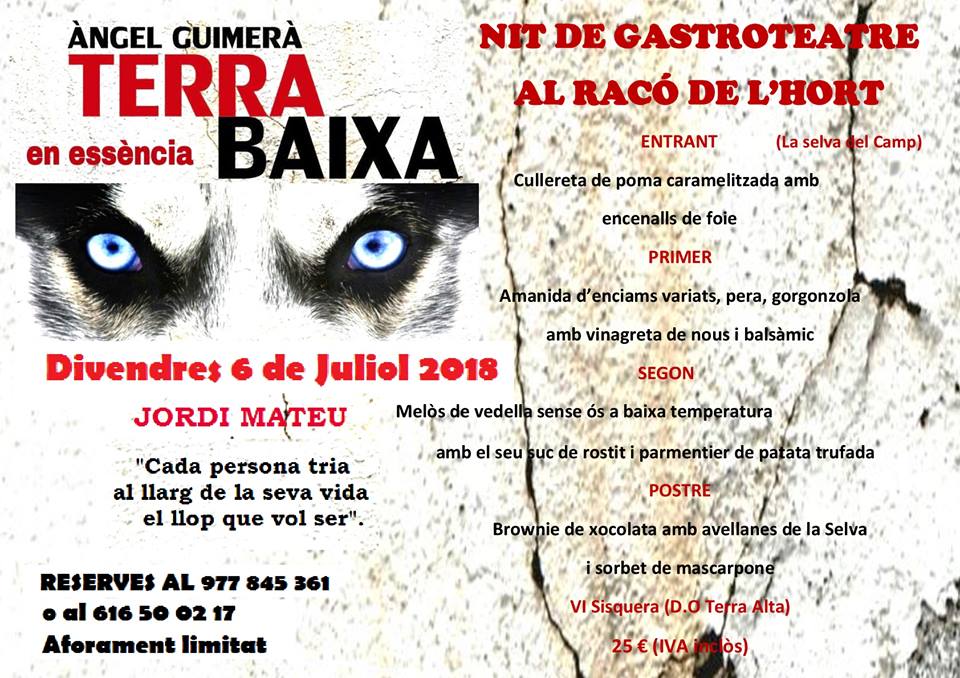 ElRAcodeLhorT's tweet image. Voleu viure una nit diferent? El Racó de l&apos;hort us ofereix l&apos;oportunitat de disfrutar una nit de GASTROTEATRE on no faltara el bon menjar i l&apos;actuació de Jordi Mateu! Reserveu i no us perdreu el que serà una nit que promet molt!! Veniu a viure-la amb nosaltres!