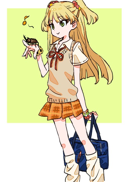 jougasaki rika 1girl beetle bag blonde hair two side up green eyes skirt  illustration images