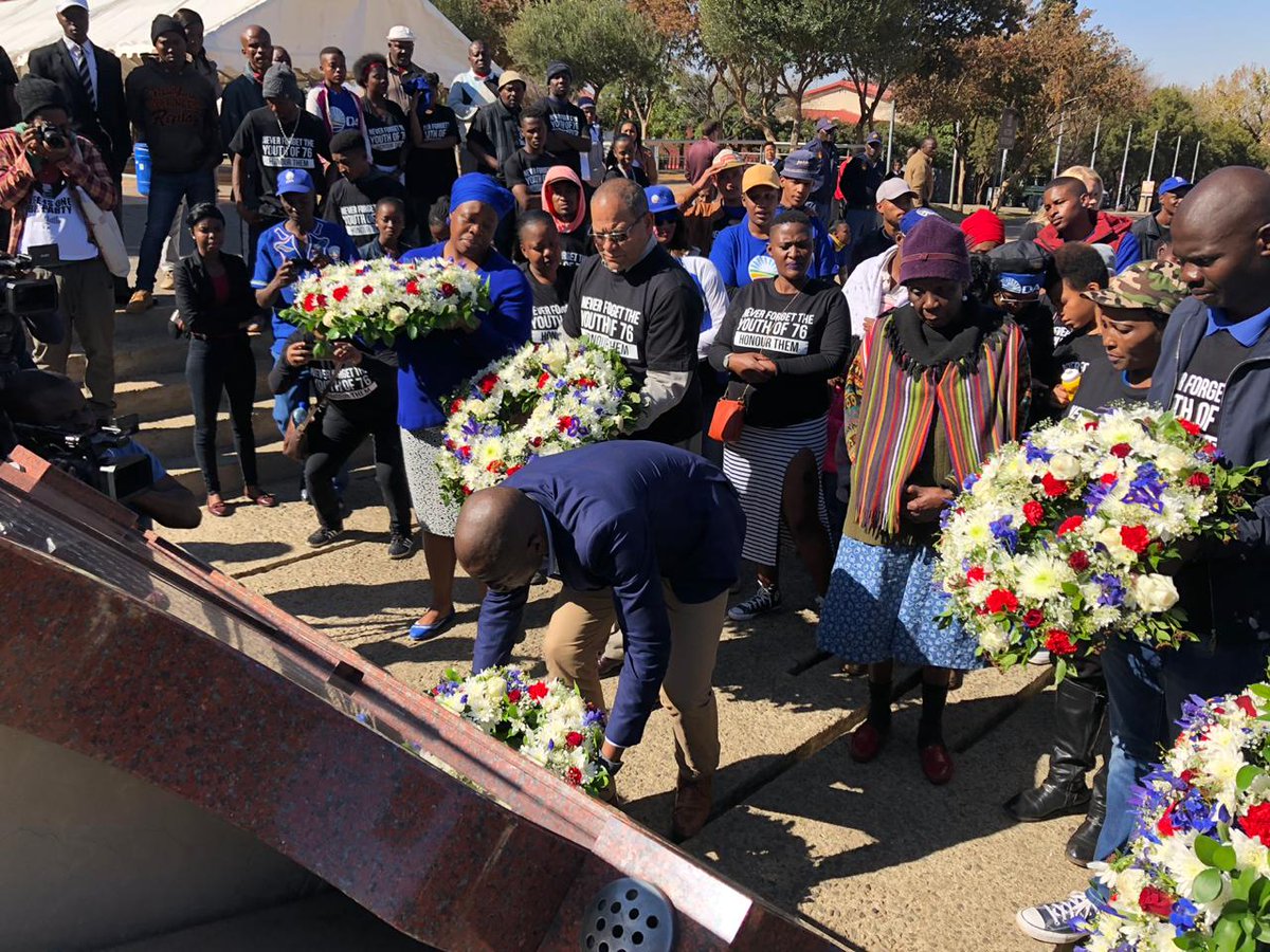 Today, DA leader <a href="/mmusimaimane/">Mmusi Maimane MP</a> commemorated the #YouthDay2018 massacre by laying a wreath at the Hector Pieterson memorial in the presence of the veterans of the 1976 uprising. #RiseUpForJobs