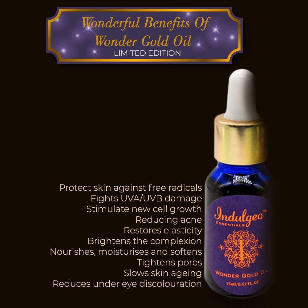 A number of benefits packed in a bottle of #indulgeoessentials Wonder Gold Oil.✨
.
You definitely can’t miss out on this one. 
Shop now! indulgeoessentials.com 
#wondergoldoil #shinyskin #sparkle  #skincareorganic #skincarenatural #luxurylifestyle #luxurylady
