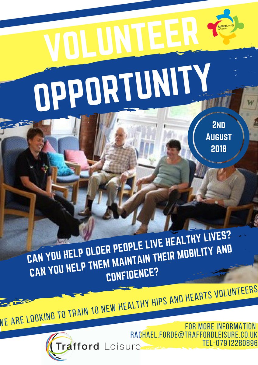 We are looking for passionate physical activity leaders to be trained as Healthy Hips and Hearts chair based activity instructors. Please email your initial interest to Rachael.forde@tarffordleisure.co.uk #thisgrancan #activeageing <a href="/ThriveTrafford/">Thrive Trafford</a> @TraffordCCG #retiretoinspire
