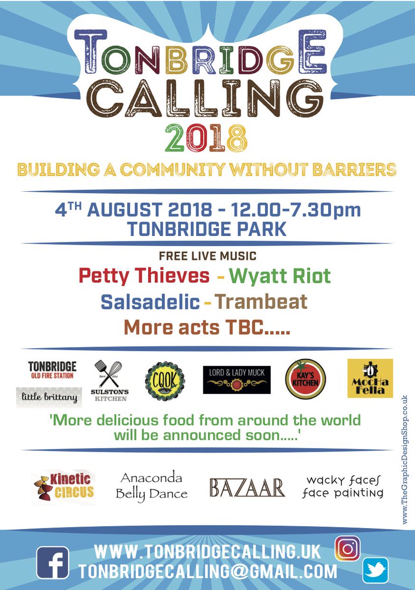 TONBRIDGECALL's tweet photo. We are pleased to make our first announcement for artists and attractions at this year's summer festival, more to follow in the next few weeks. Something for all the family.
#Tonbridge #Tonbridgecalling #freemusic #arts #kent #community #freefestival #4thaugust https://t.co/EpqbIeQ3dy