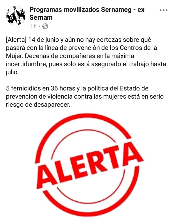FEMINISTACHILE's tweet photo. Feministas de Chile manifestamos preocupación por la continuidad de los programas de prevención del @SernamEGChile. Hay denuncias en RRSS desde hace tiempo sobre ello y la ministra @isabelpla no se ha pronunciado. Exigimos saber cómo resolverán la continuidad de los programas? https://t.co/Gg6qBPTn3m