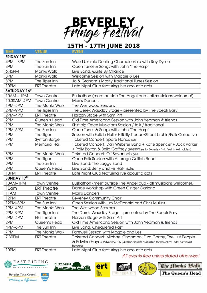 BeverleyFringe's tweet photo. The big weekend is here!! Here is the full lineup; we have amazing bands, at least a dozen sessions, Morris dancing, workshops and more! Come on down and see all that Beverley still has to offer #Beverley #hull #folkmusic #eastriding #whatson #music #festival https://t.co/0ZqTWJaFrd